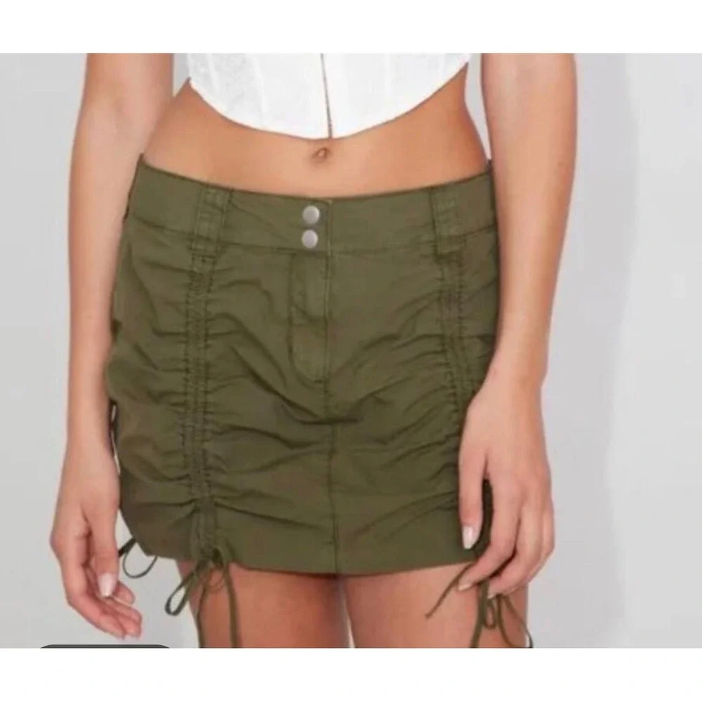 Garage Ruched Grunge Cargo Mini Skirt‎ Utility Gorpcore Womens XS Olive Green
